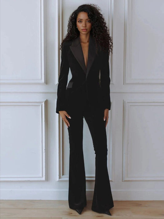 Jourdaine Velvet Blazer Suit Set with Flare Pants