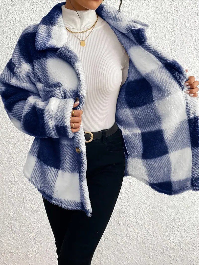 Raoulette Plaid Oversized Fluffy Button-Up Jacket