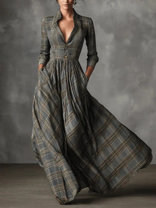 Adelise Plaid Maxi Dress for Autumn Weekends, Button-Down