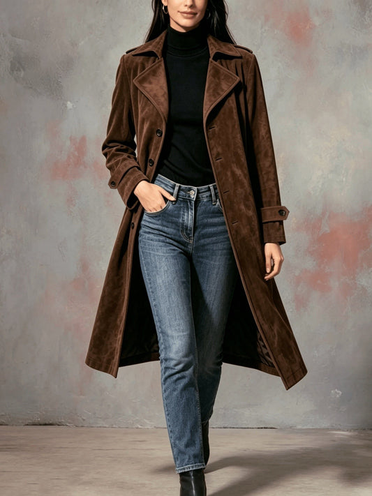 Diota Suede Longline Coat with Lapel