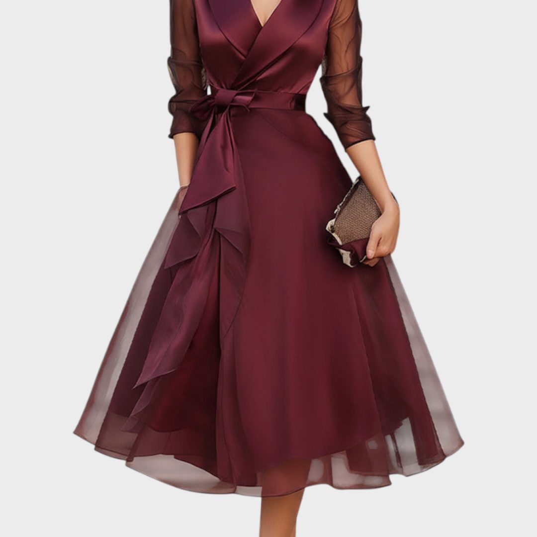 Blandine Wrap Midi Dress for Evenings, Sheer Sleeves