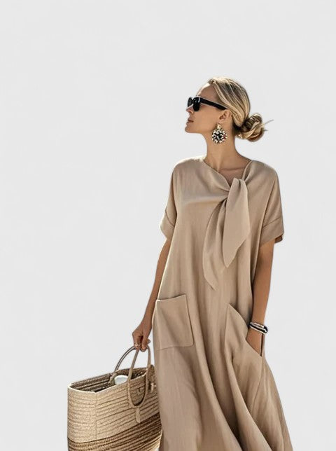 Azalais Maxi Shift Dress with Tie Neckline