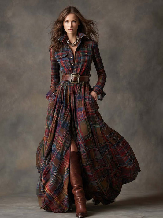 Basine Plaid Maxi Shirt Dress with Belt