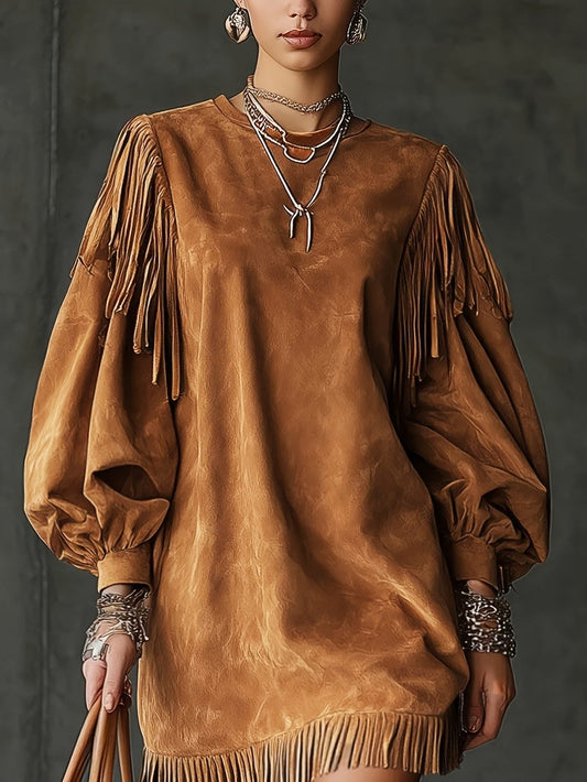 Roselyne Suede Maxi Dress for Concerts, Bell Sleeves