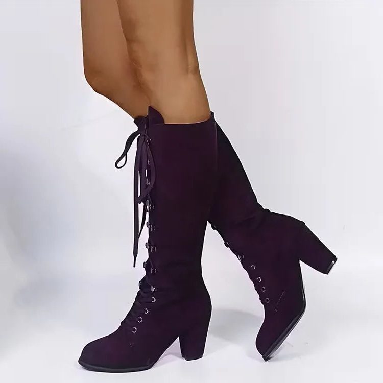 Emmelina Suede Lace-Up Knee-High Boots, Block Heel