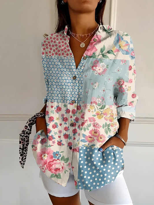 Clelia Button-Up Blouse with Split Neck and Oversized Fit