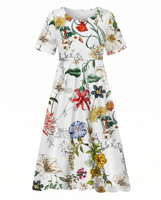 Shirin Floral A-Line Midi Dress with Short Sleeves