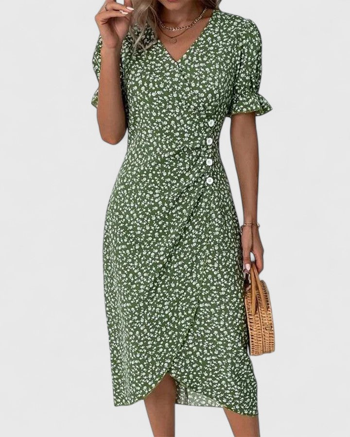 Pelegrina Floral Wrap Midi Dress with Short Sleeves