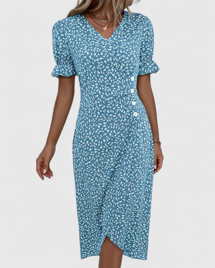 Pelegrina Floral Wrap Midi Dress with Short Sleeves