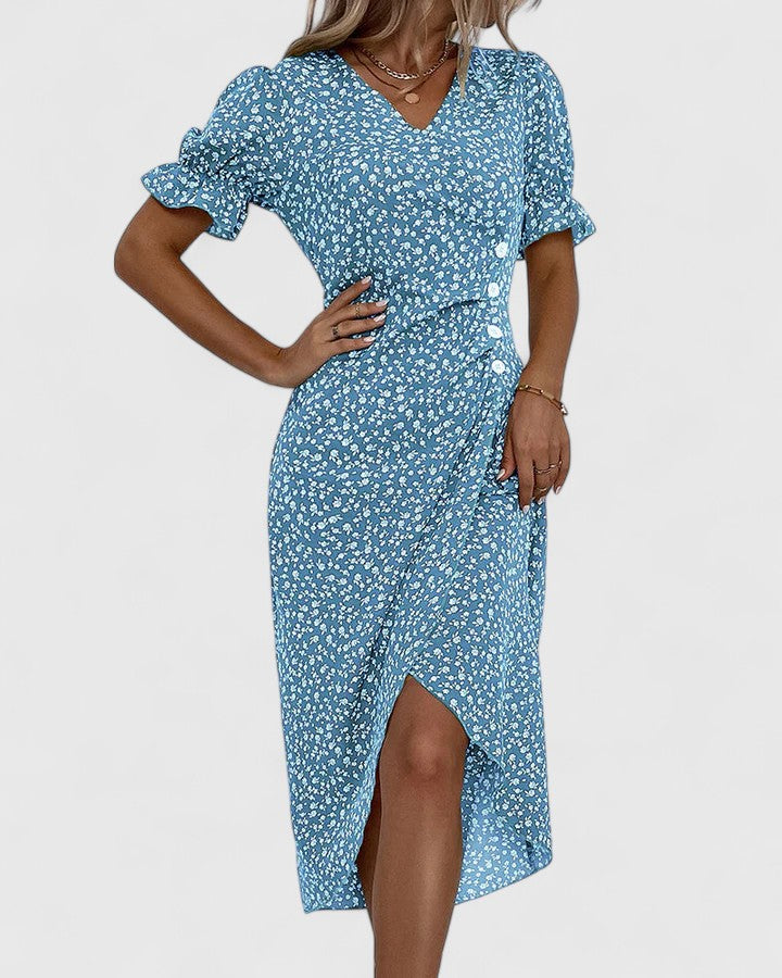 Pelegrina Floral Wrap Midi Dress with Short Sleeves