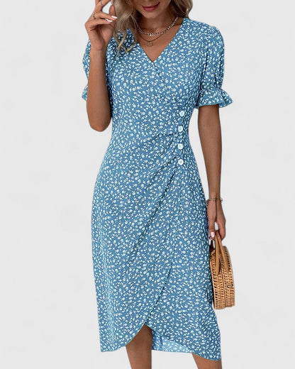 Pelegrina Floral Wrap Midi Dress with Short Sleeves