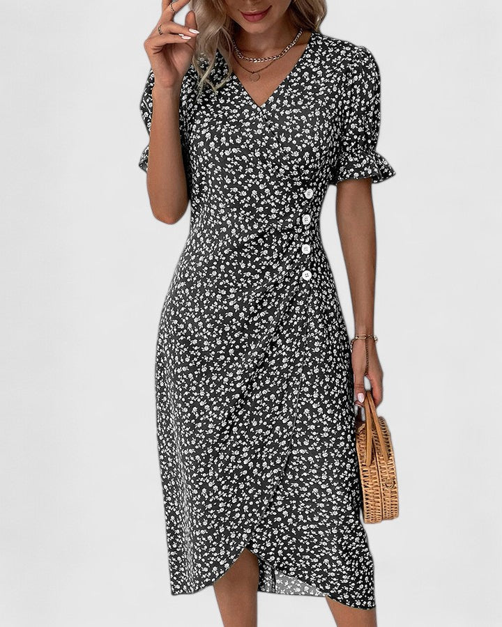 Pelegrina Floral Wrap Midi Dress with Short Sleeves