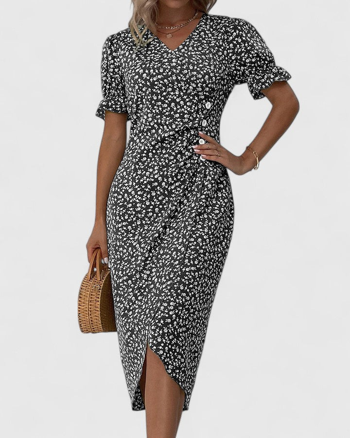 Pelegrina Floral Wrap Midi Dress with Short Sleeves