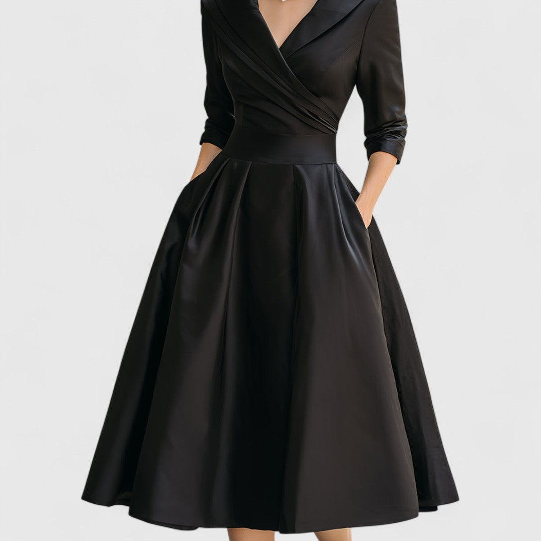 Fauquette Wrap V-Neck Midi Dress with Three-Quarter Sleeves
