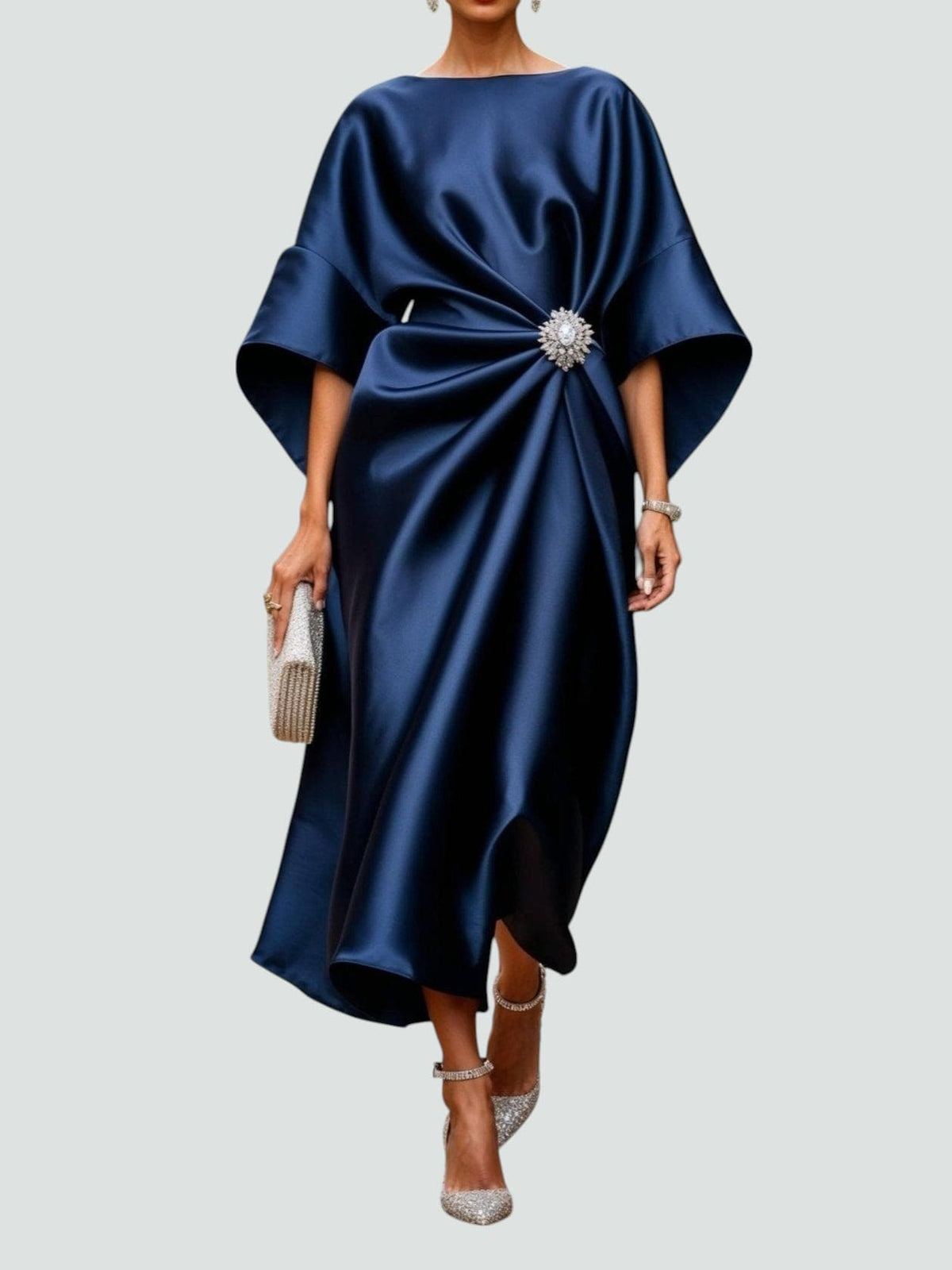 Levenez Wrap Midi Dress with Batwing Sleeves