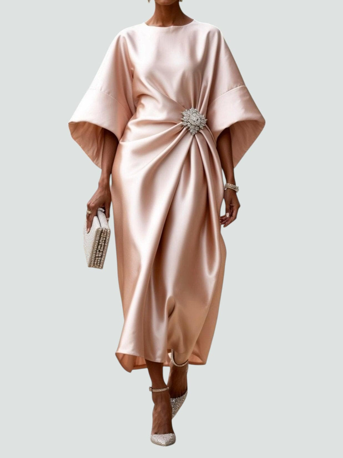 Levenez Wrap Midi Dress with Batwing Sleeves