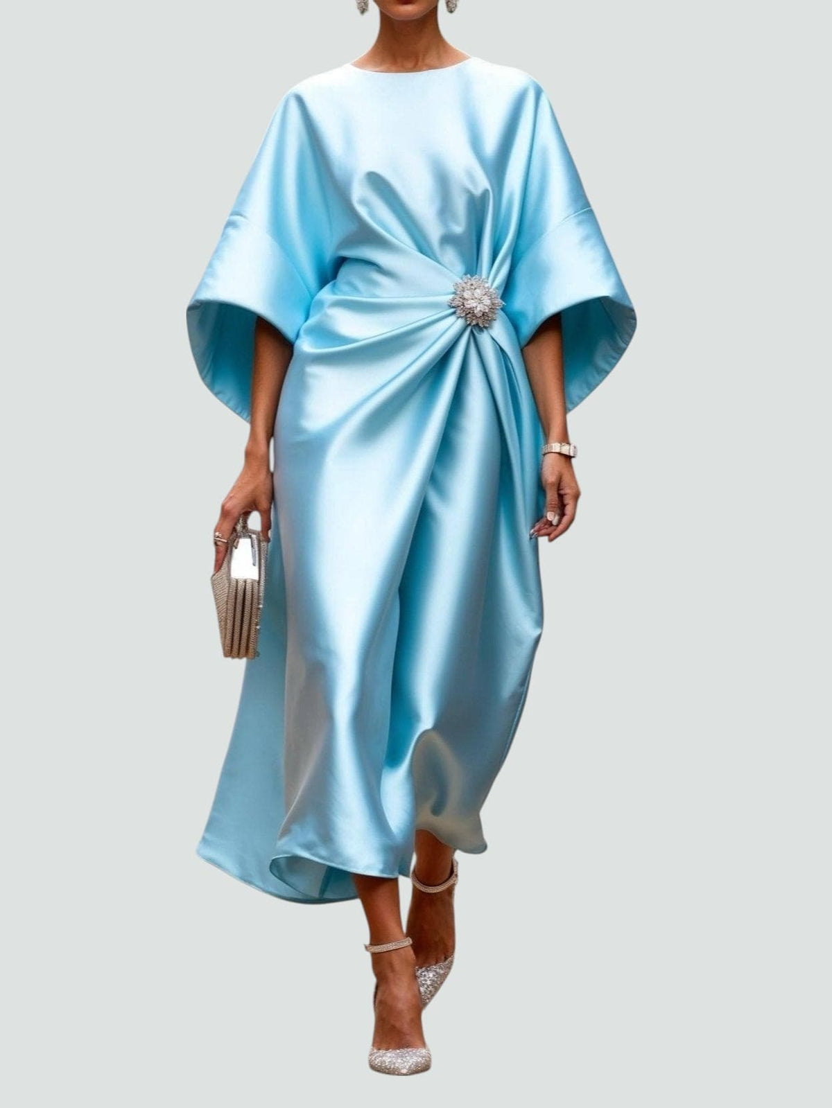 Levenez Wrap Midi Dress with Batwing Sleeves