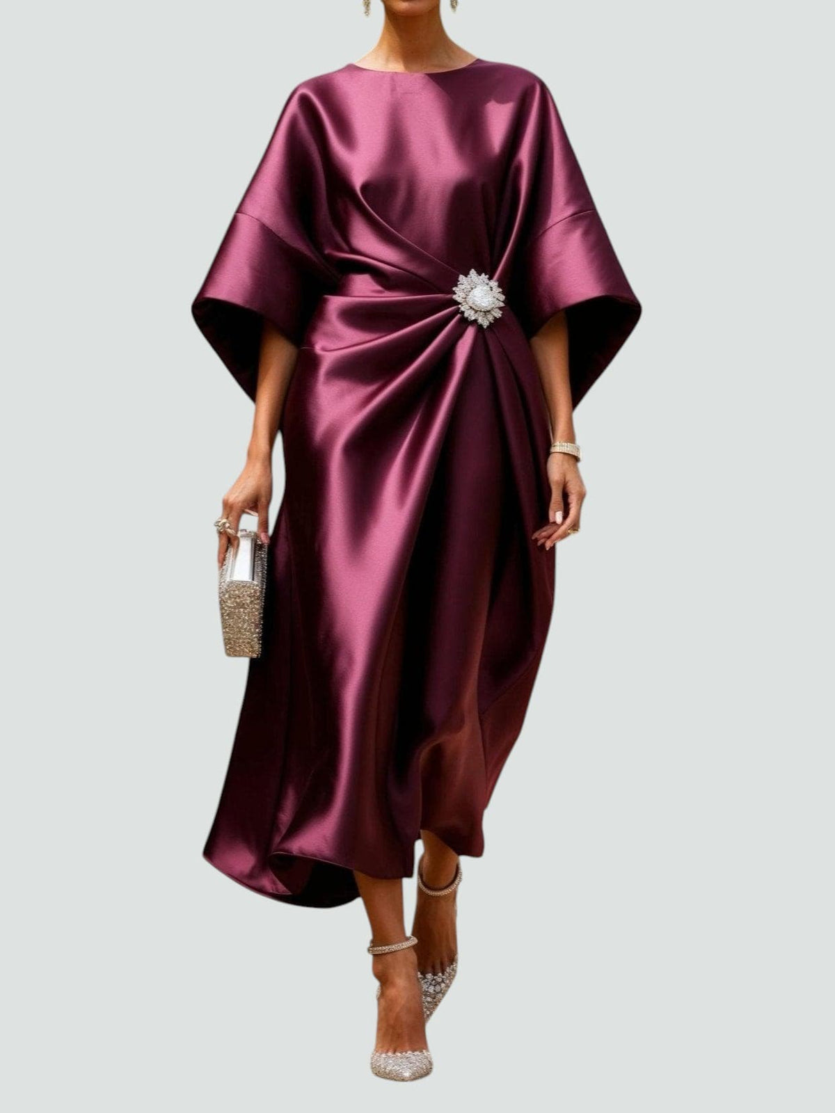 Levenez Wrap Midi Dress with Batwing Sleeves