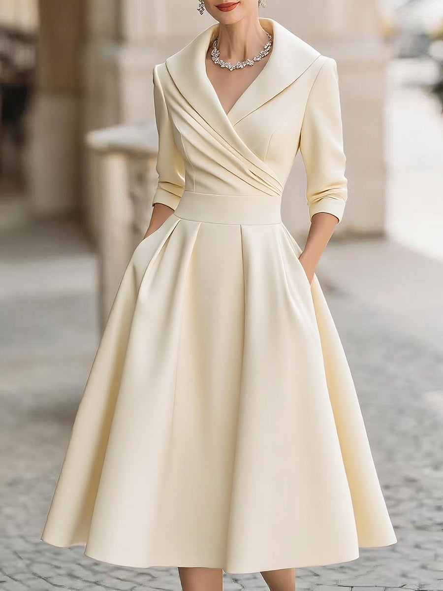 Birute Wrap V-Neck Midi Dress with Three-Quarter Sleeves