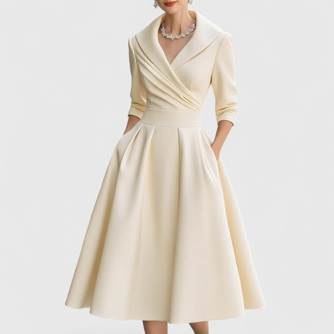 Fauquette Wrap V-Neck Midi Dress with Three-Quarter Sleeves