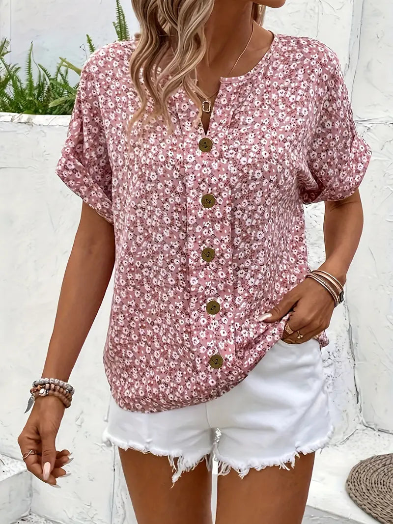 Ydeberga Floral Button-Down Blouse with Short Sleeves
