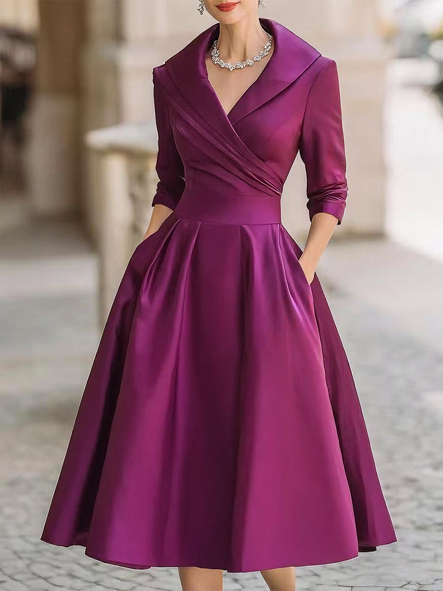 Birute Wrap V-Neck Midi Dress with Three-Quarter Sleeves