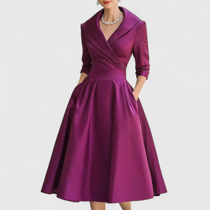 Fauquette Wrap V-Neck Midi Dress with Three-Quarter Sleeves