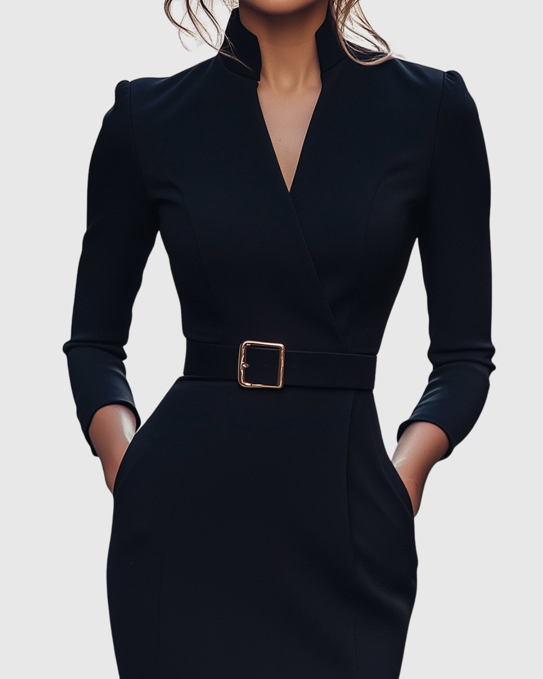 Onenn Belted V-Neck Long Sleeve Midi Dress