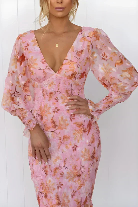 Tsovinar Floral Wedding Guest Midi Dress with Puff Sleeves