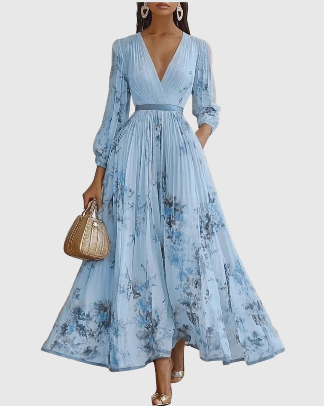 Belisa Pleated Maxi Dress with V-Neck