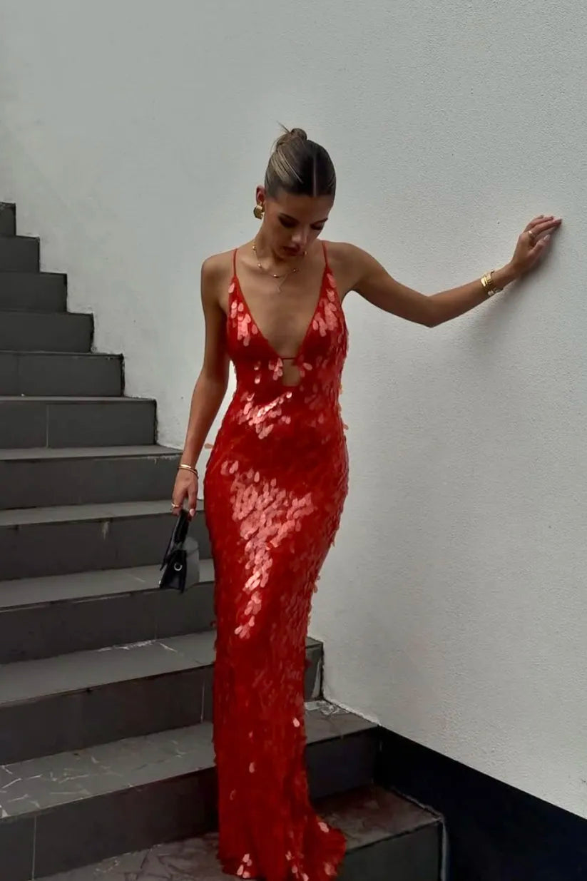 Jeltje Sequin Wedding Guest Backless Maxi Dress