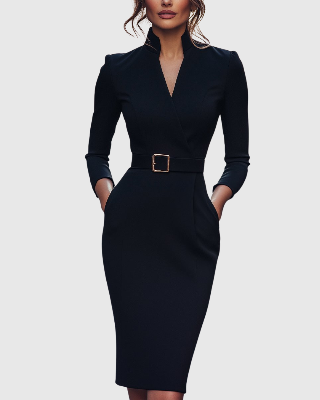 Onenn Belted V-Neck Long Sleeve Midi Dress
