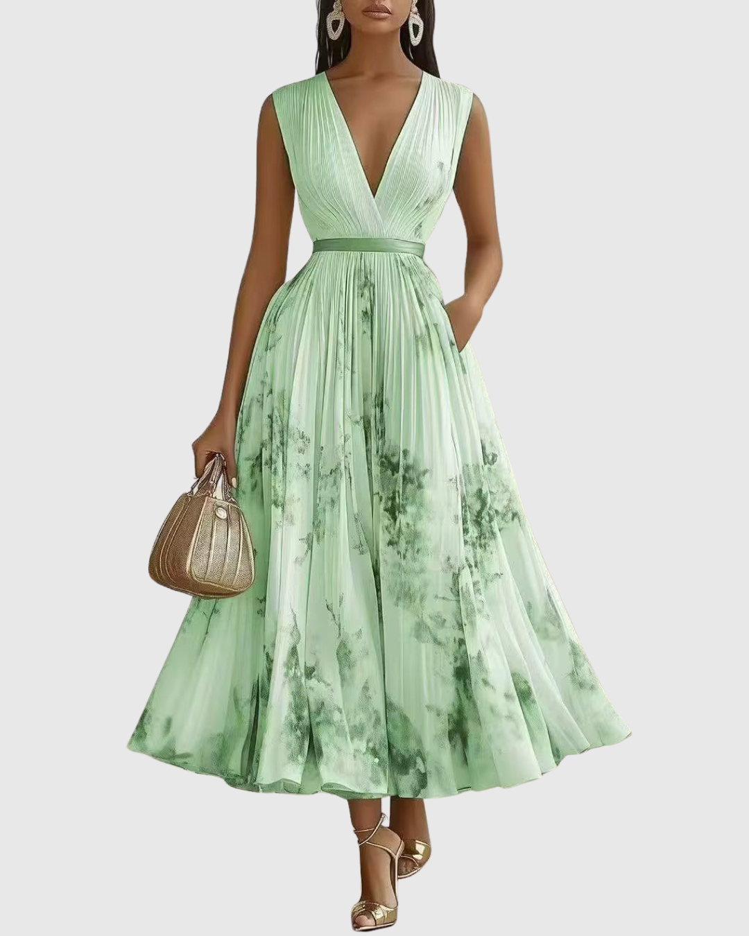 Belisa Pleated Maxi Dress with V-Neck