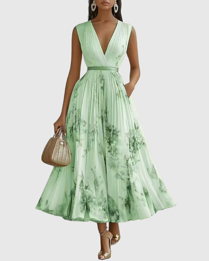 Belisa Pleated Maxi Dress with V-Neck