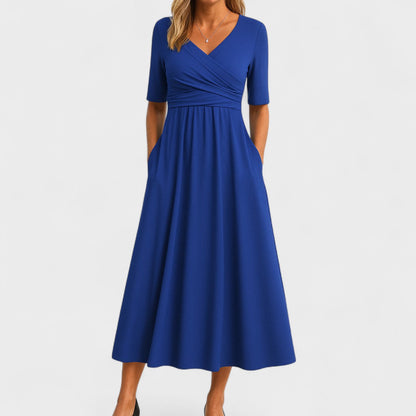 Aldonsa Wrap Midi Dress with V-Neck and Pockets