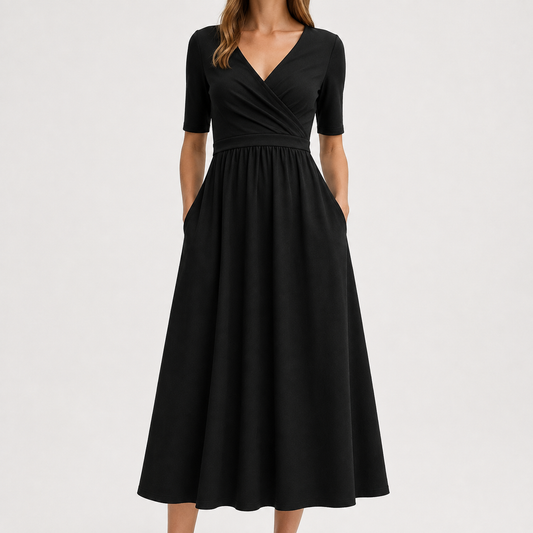 Camille Wrap Midi Dress with V-Neck & Pockets