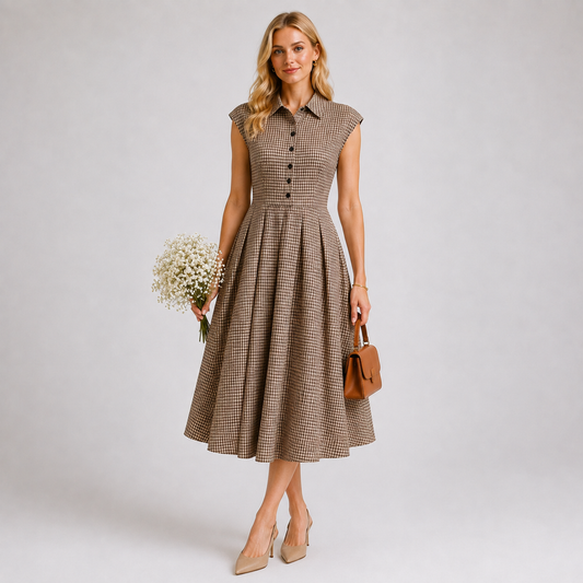 Eloise Plaid Button Pleated Midi Dress