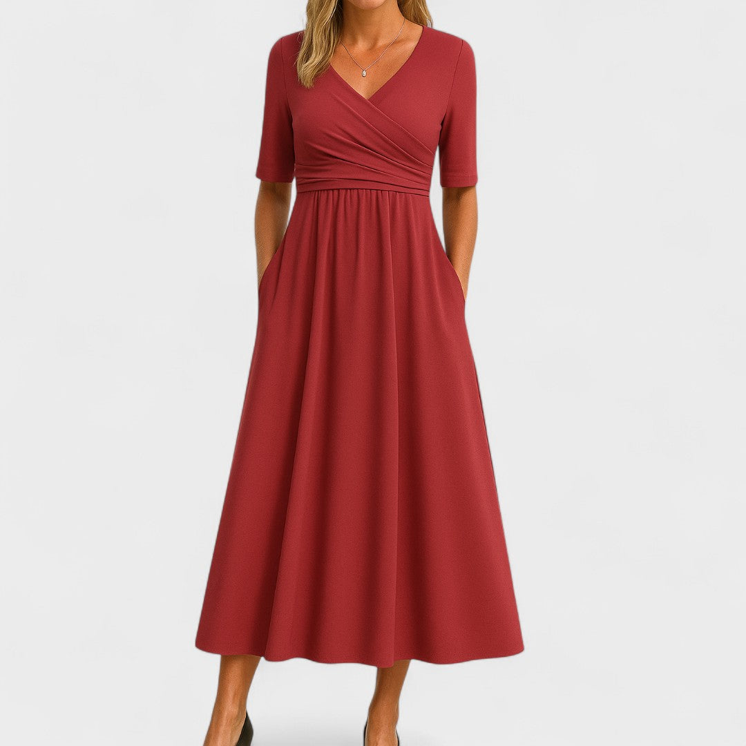 Aldonsa Wrap Midi Dress with V-Neck and Pockets