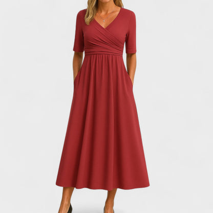 Aldonsa Wrap Midi Dress with V-Neck and Pockets