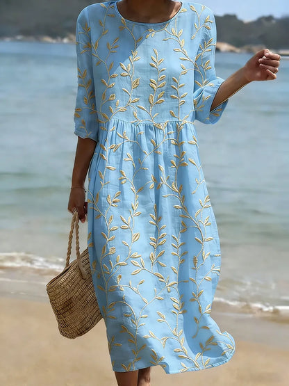 Osgyth A-Line Floral Midi Dress with Three-Quarter Sleeves