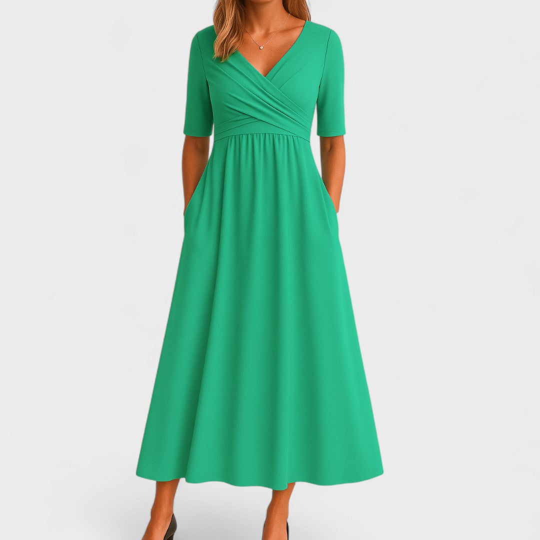 Aldonsa Wrap Midi Dress with V-Neck and Pockets