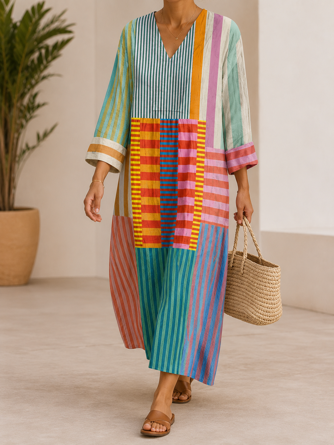 Hodiarde V-Neck Striped Patchwork Midi Dress