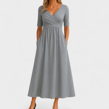 Aldonsa Wrap Midi Dress with V-Neck and Pockets