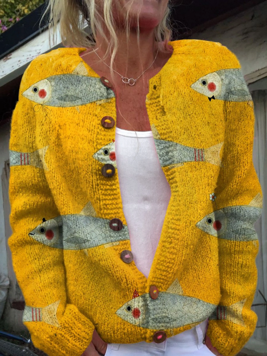 Aniko Button-Down Fish Print Cardigan