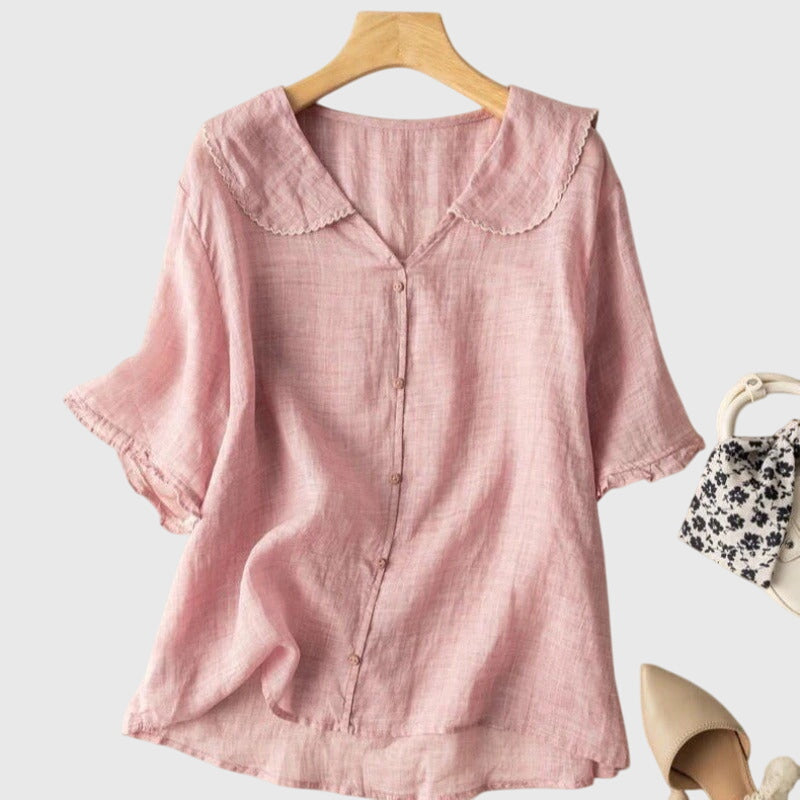 Waudru Peter Pan Collar Button-Down Blouse