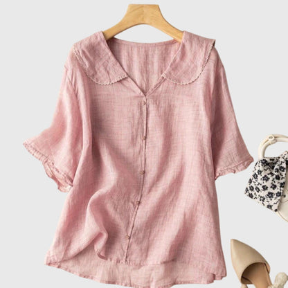 Waudru Peter Pan Collar Button-Down Blouse