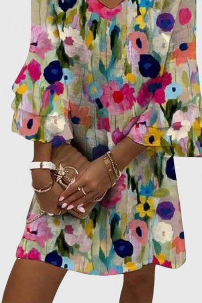 Zulmira Floral Dress with V-Neck and Bell Sleeves