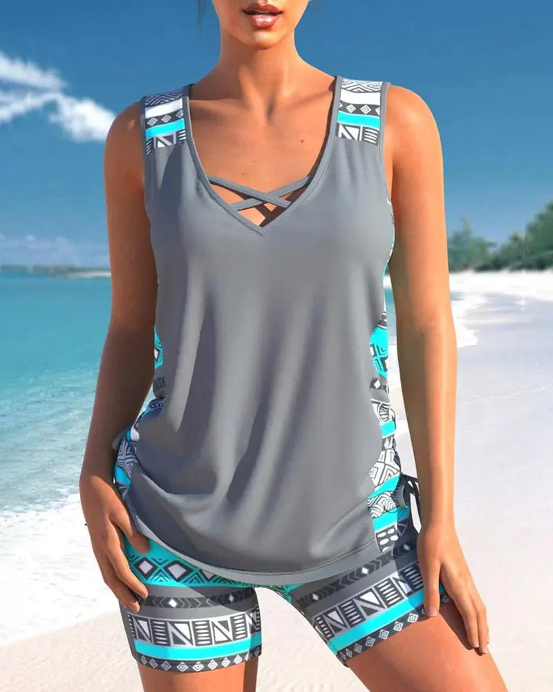Emelisse V-Neck Tankini Set with Geometric Shorts