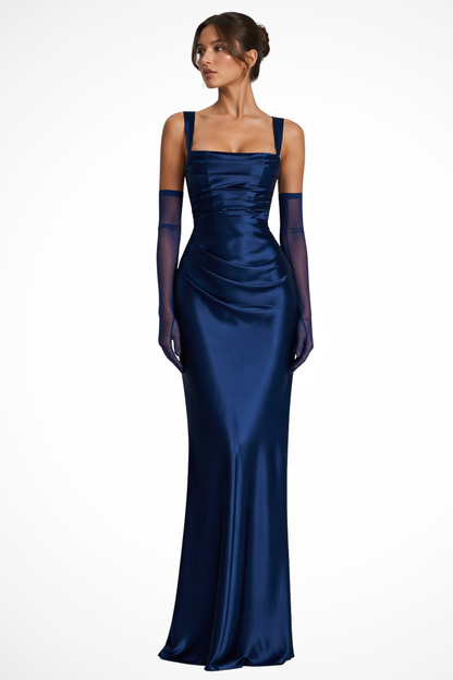 Rhiannon Satin Wedding Guest Ruched Maxi Dress with Square Neck