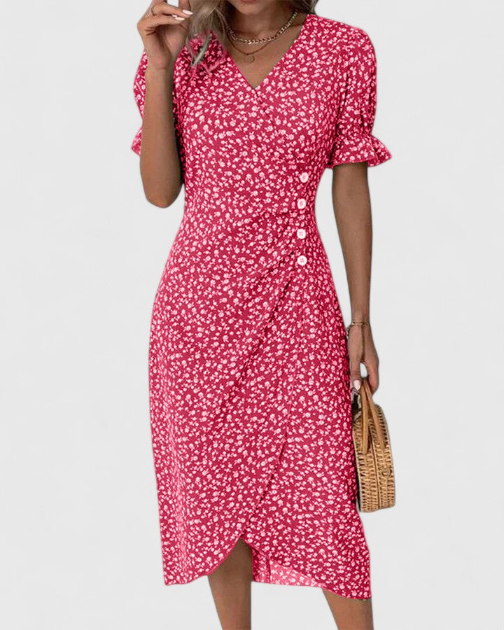 Pelegrina Floral Wrap Midi Dress with Short Sleeves
